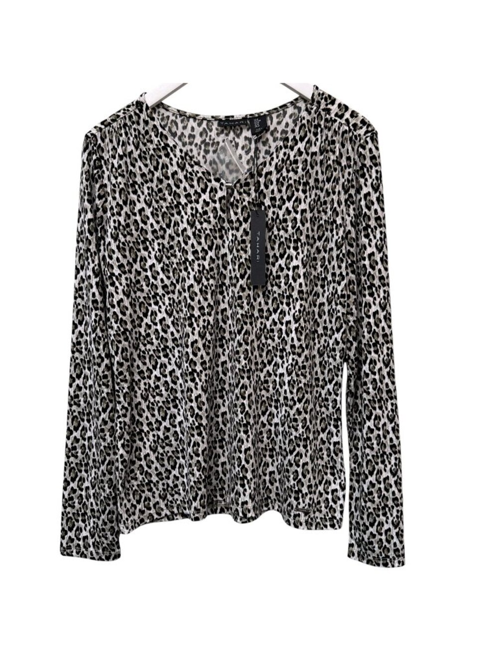 Tahari Leopard Print Top Medium Black Gray Slinky Stretch Jersey Blouse NWT